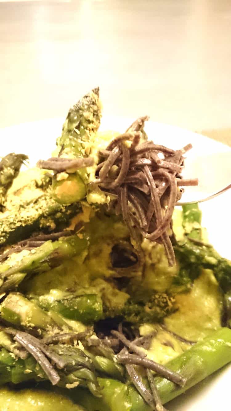 low carb black bean spaghetti with creamed asparagus