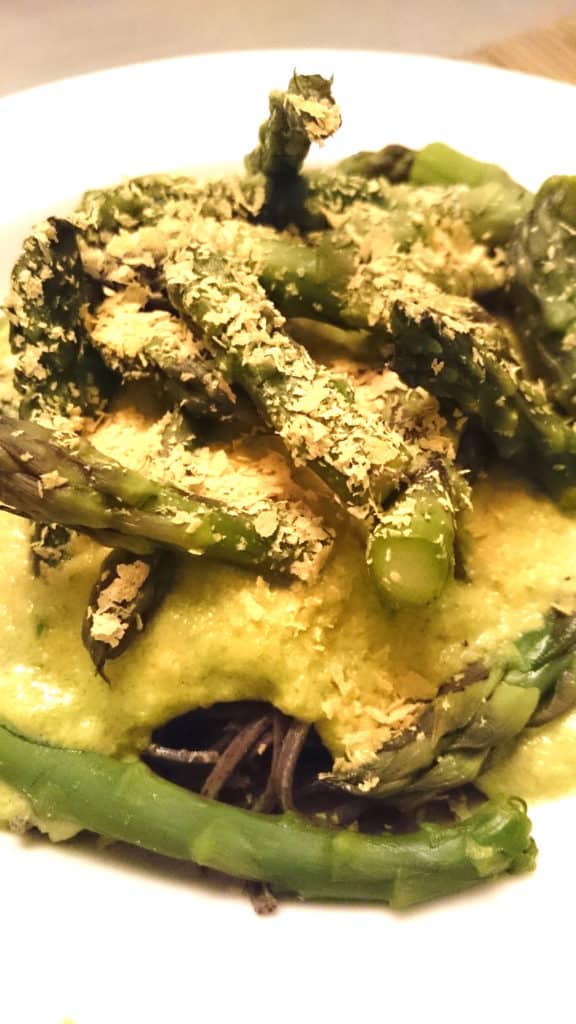 low carb black bean spaghetti with creamed asparagus