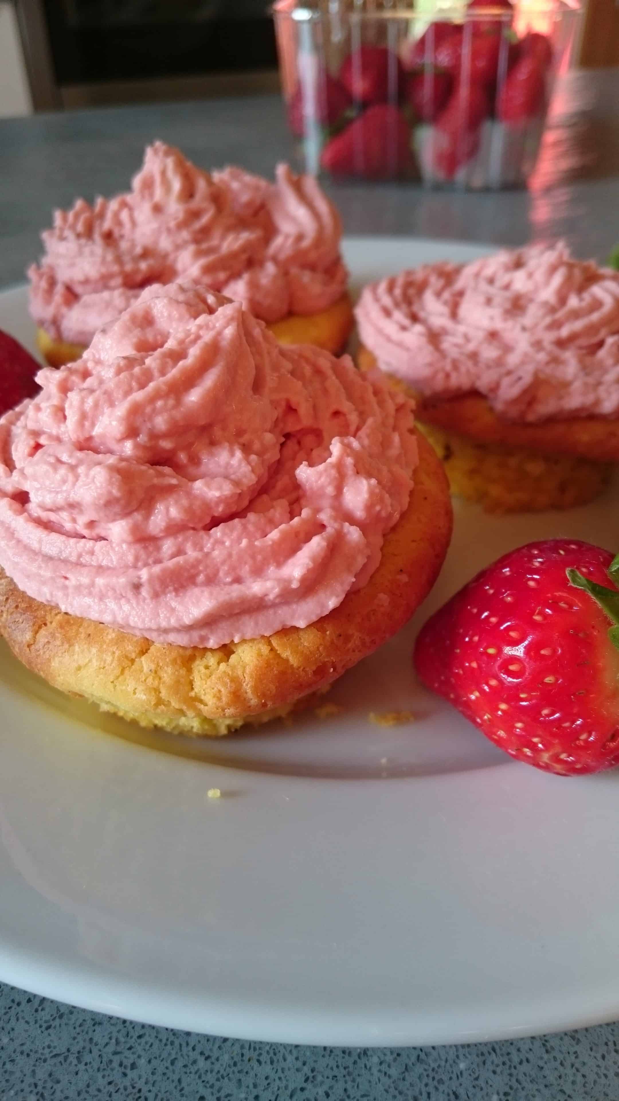 mascarpone & chocolate chip muffins with strawberry icing