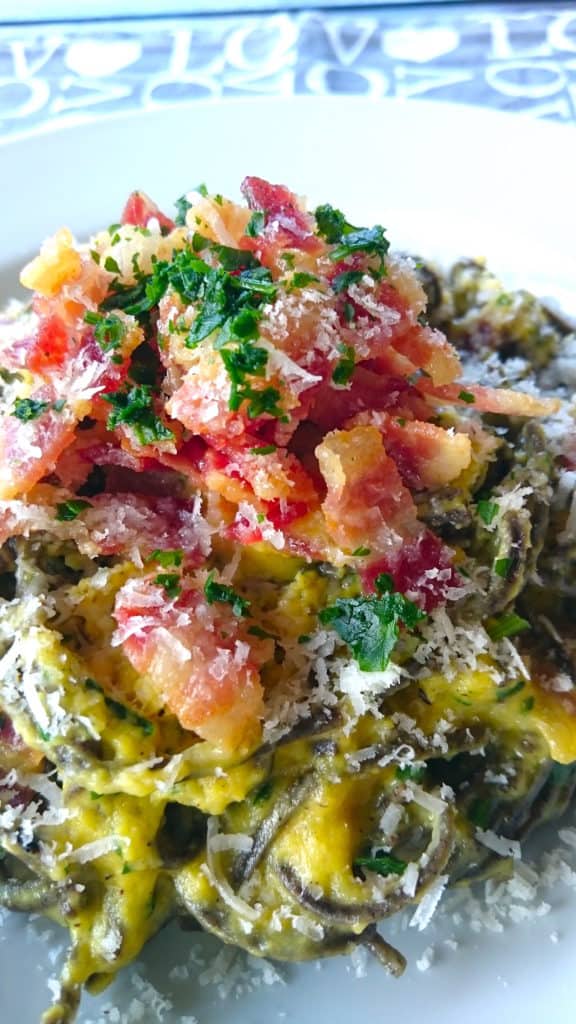 low carb black bean spaghetti carbonara