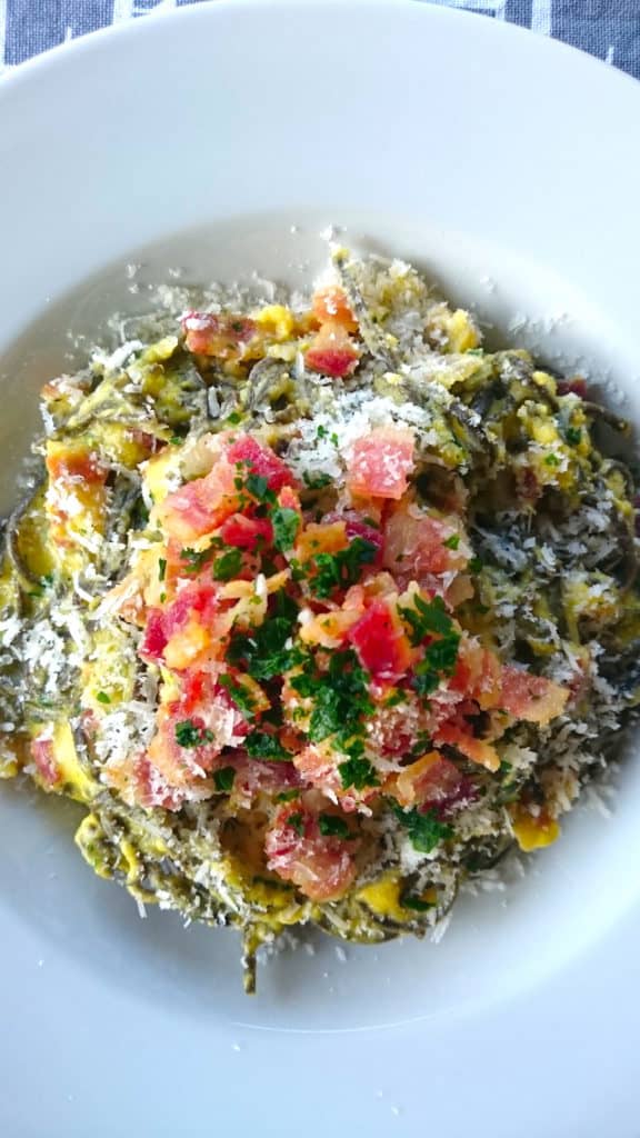 low carb black bean spaghetti carbonara