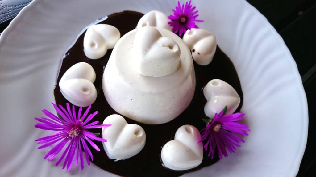 sugar free agar panna cotta with hazelnut chocolate sauce