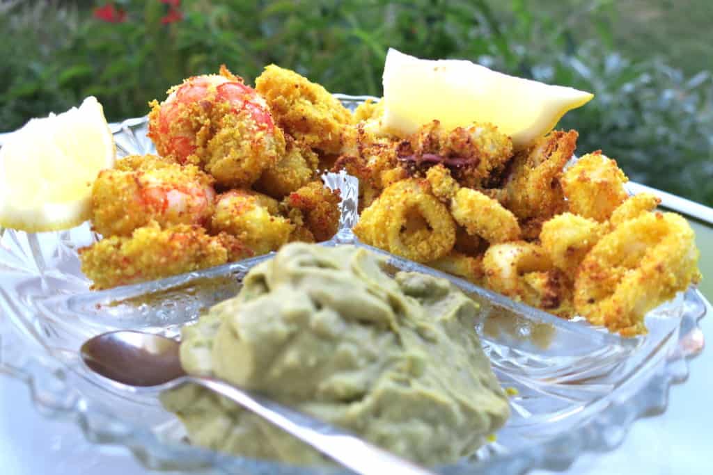 crispy baked calamari & prawns with avocado salsa