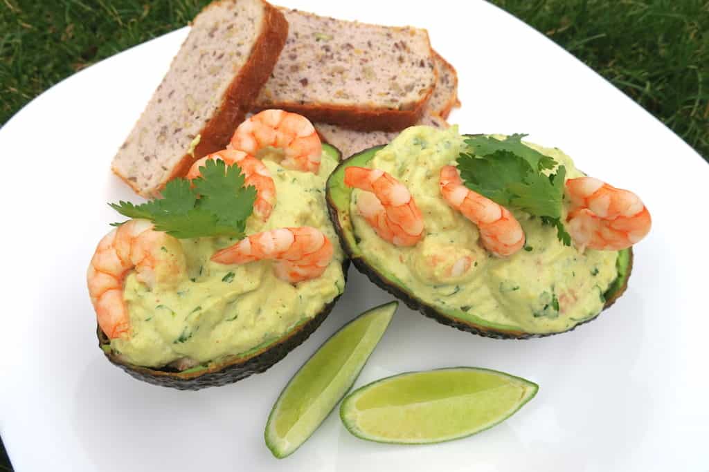 keto avocado boats with prawns in lime & ginger mayonnaise