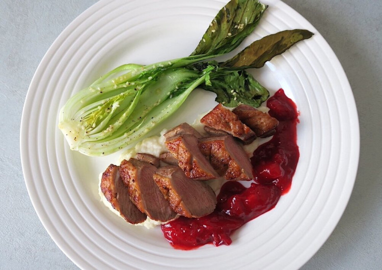 Duck Breast, Plum Compote, Pak Choi & Celeriac Purée